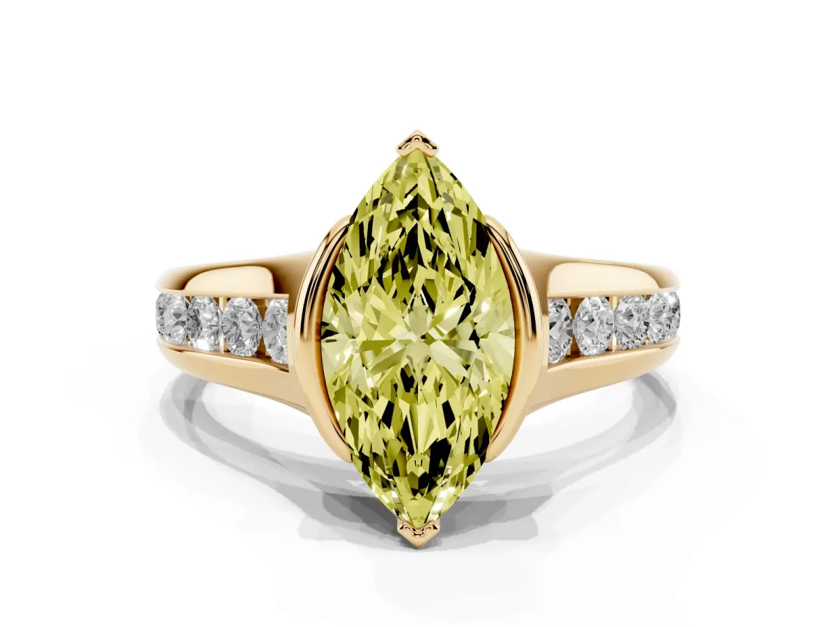 Fancy Yellow Marquise Cut Solitaire Bezel-Set Diamond Ring with Channel-Set Band Yellow gold