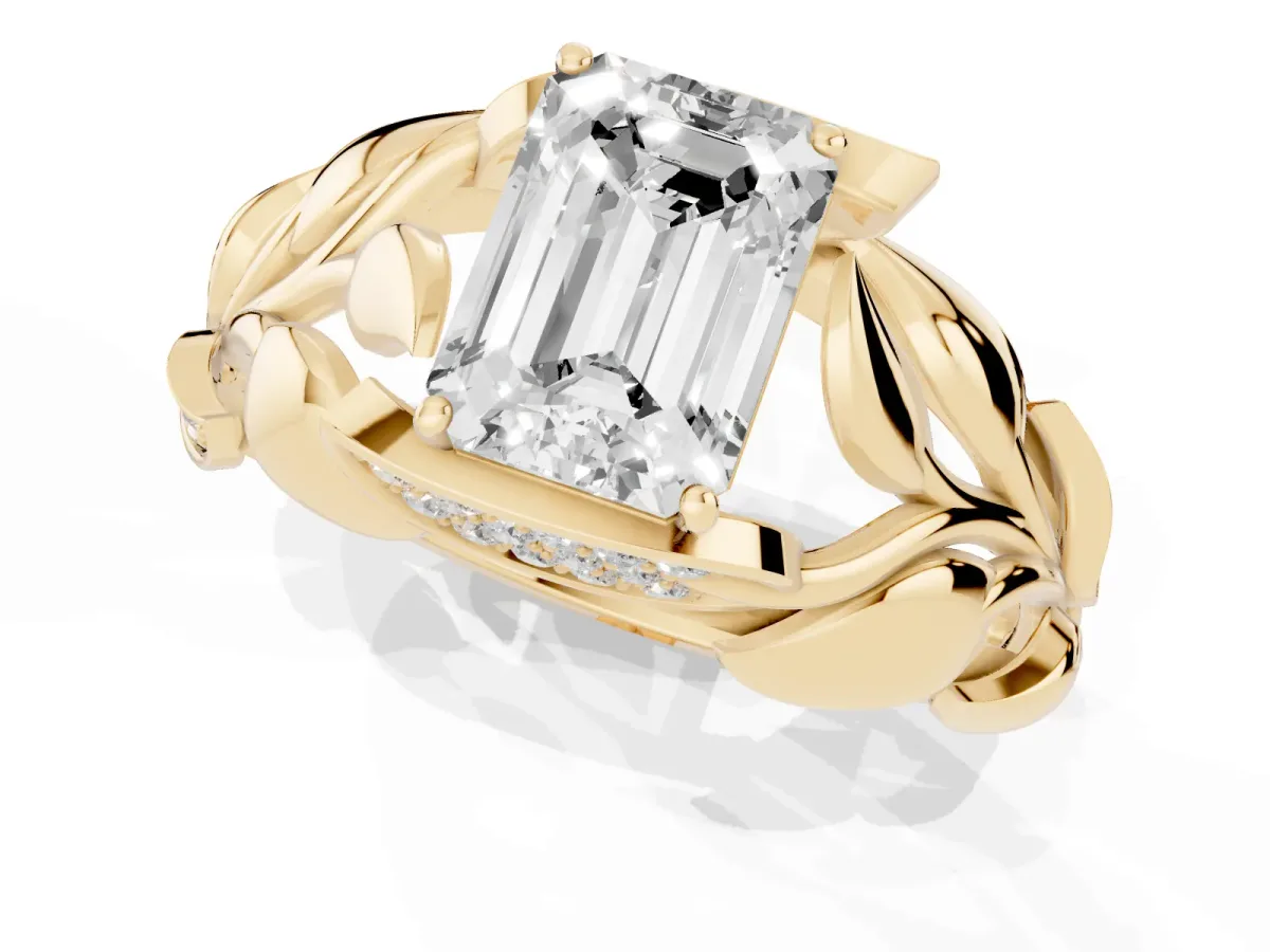 Emerald Cut Diamond Leaf-Inspired Engagement Ring with Round Accents and Prong Setting Yellow gold