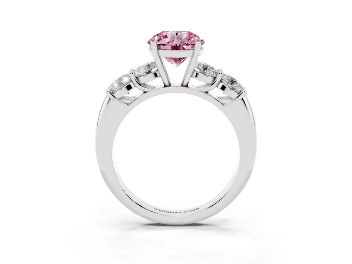 Fancy Pink Round Cut Cut Five-Stone Prong Set Diamond Ring with Classic Band Silver