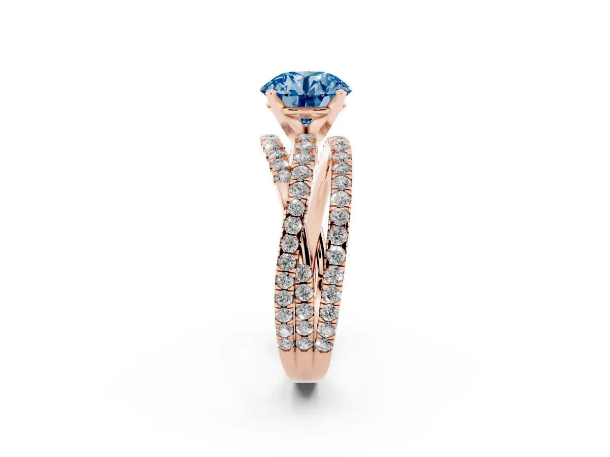 Fancy Blue Round Cut Solitaire Twist Band with Pavé Setting and Four-Prong Setting Rose gold