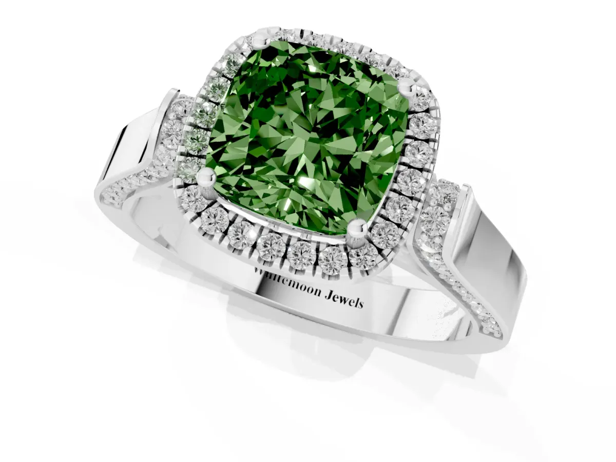 Fancy Green Cushion Cut Halo Pave Split Shank Prong Setting Ring Silver