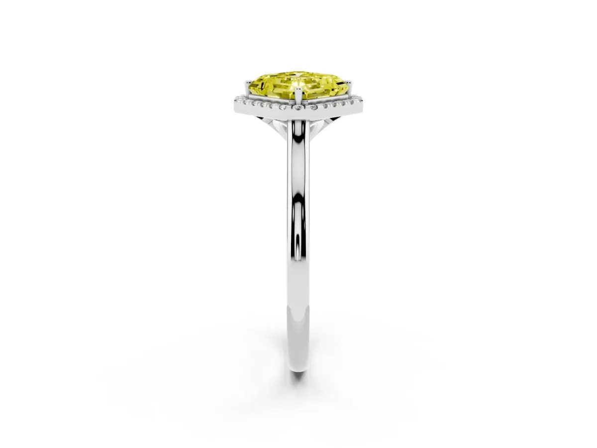 Fancy Yellow Asscher Cut Halo Round Diamond Solitaire Engagement Ring with Pave Band and Four-Prong Setting Silver
