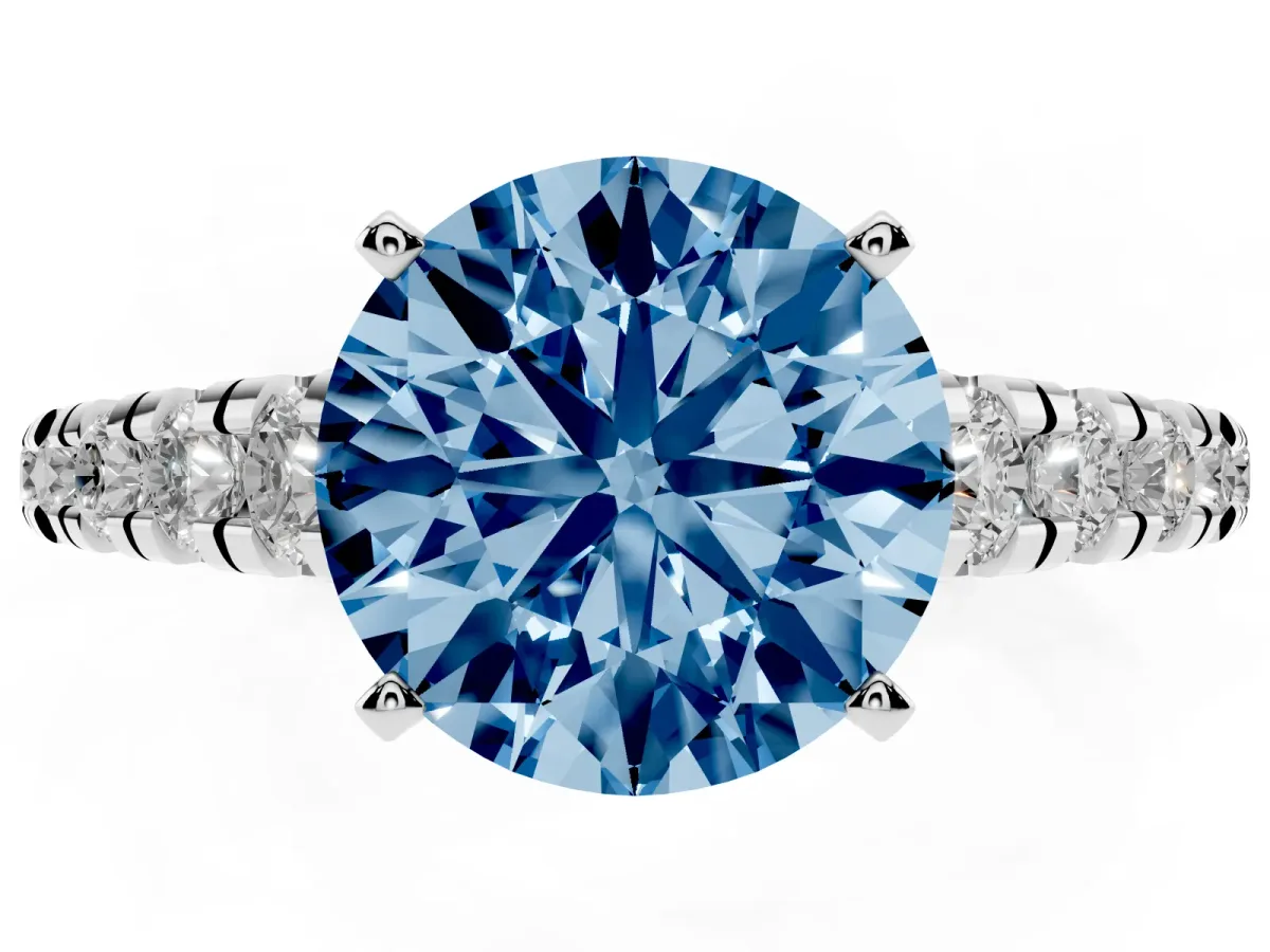 Fancy Blue Round Cut Diamond Cathedral Solitaire Ring with Round Pavé Band Silver
