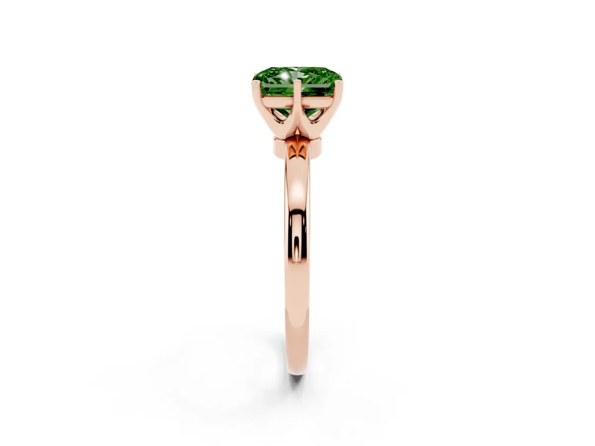 Fancy Green Radiant Cut Solitaire Diamond Ring with Six-Prong Setting on a Classic Band Rose gold