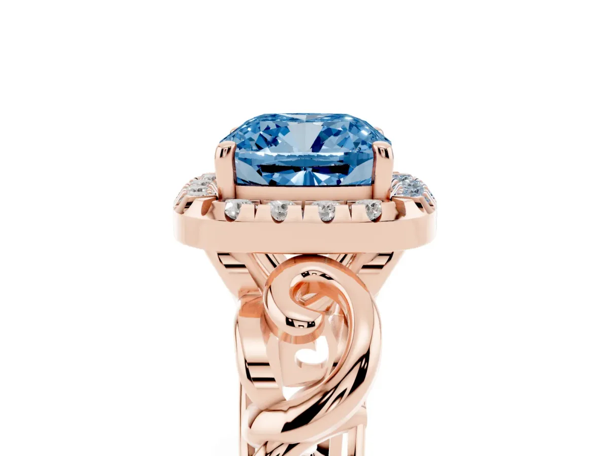 Fancy Blue Cushion Cut Cut Halo Diamond Ring with Scrollwork Band and Four-Prong Setting Rose gold