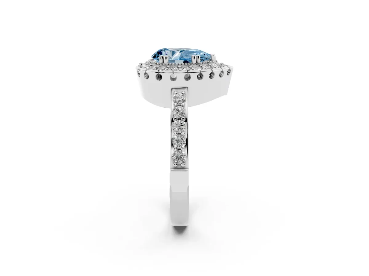 Fancy Blue Pear Cut Diamond Halo Ring with Pavé Band and Prong Setting Platinum