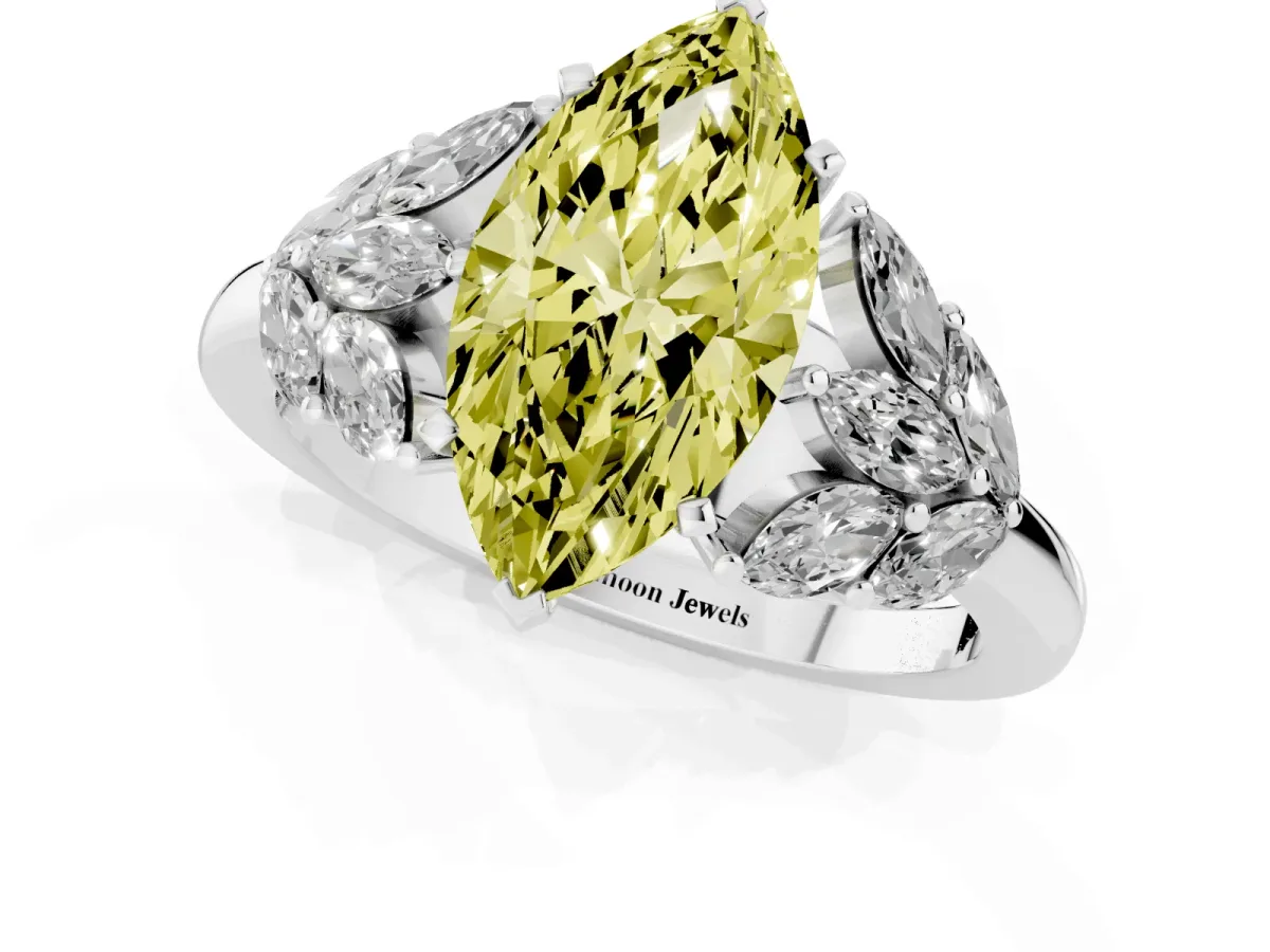 Fancy Yellow Marquise Cut Diamond Cluster Leaf Design Ring with Prong Setting White gold