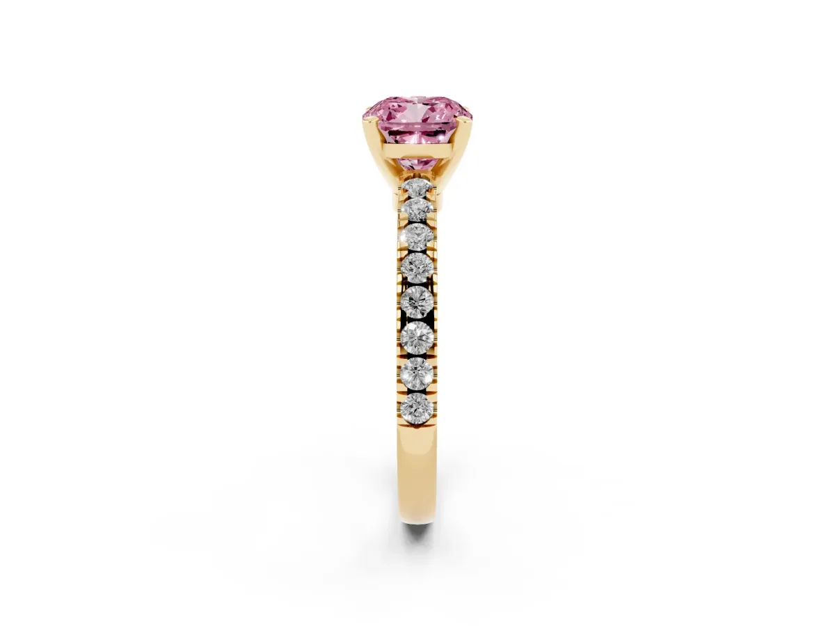 Fancy Pink Cushion Cut Solitaire Diamond with Pavé Band and Four-Prong Setting Yellow gold
