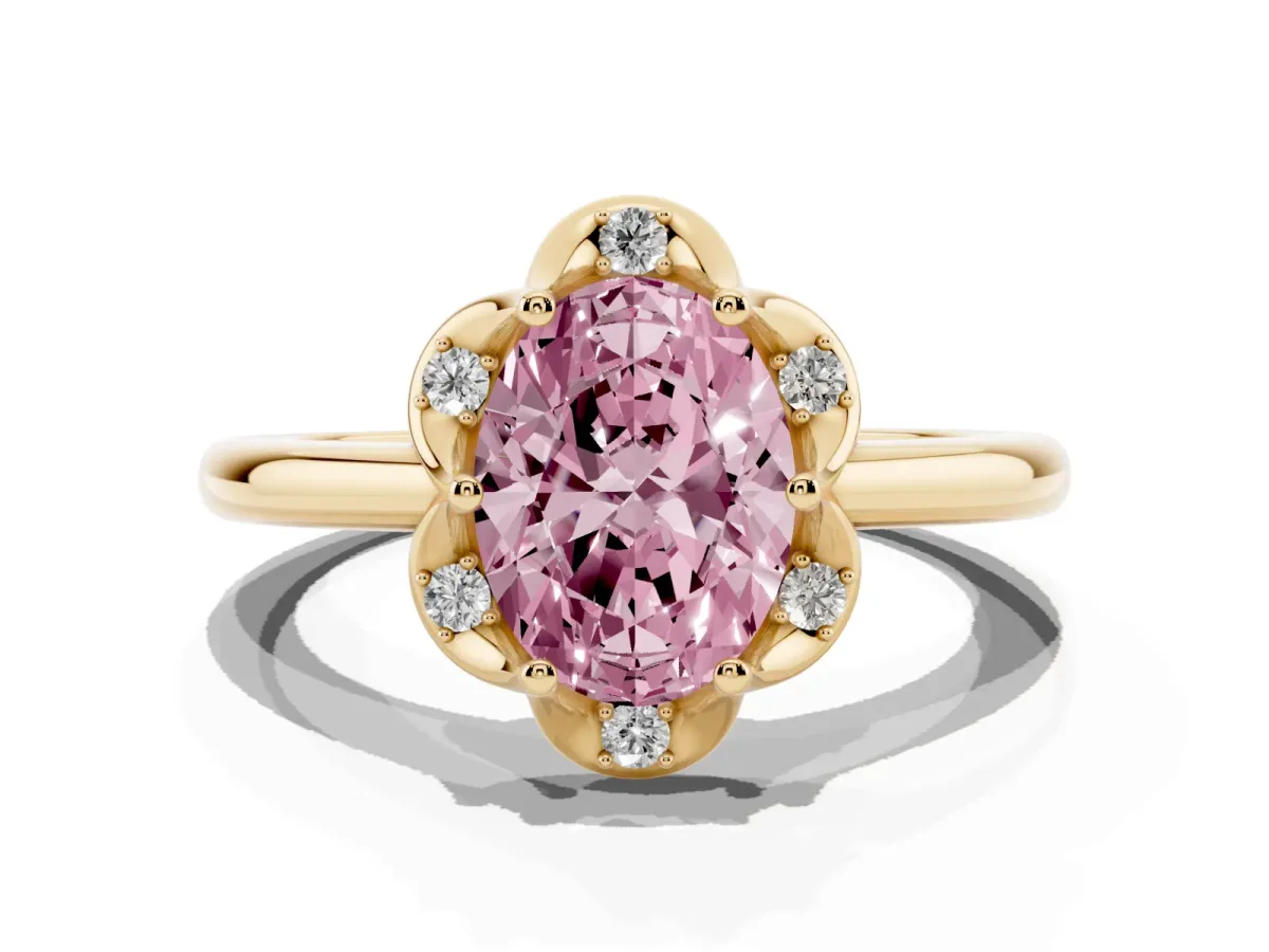 Fancy Pink Oval Cut Halo Diamond Ring with Round Cluster Setting, Solitaire Band, and Four-Prong Setting Yellow gold