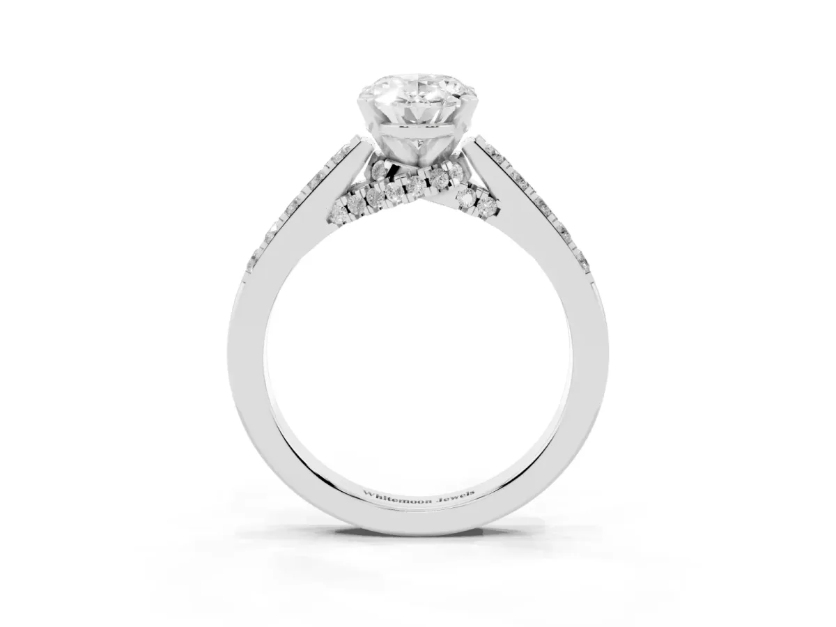 Oval Cut Diamond Solitaire Ring with Crossover Gallery and Round Pavé Band White gold