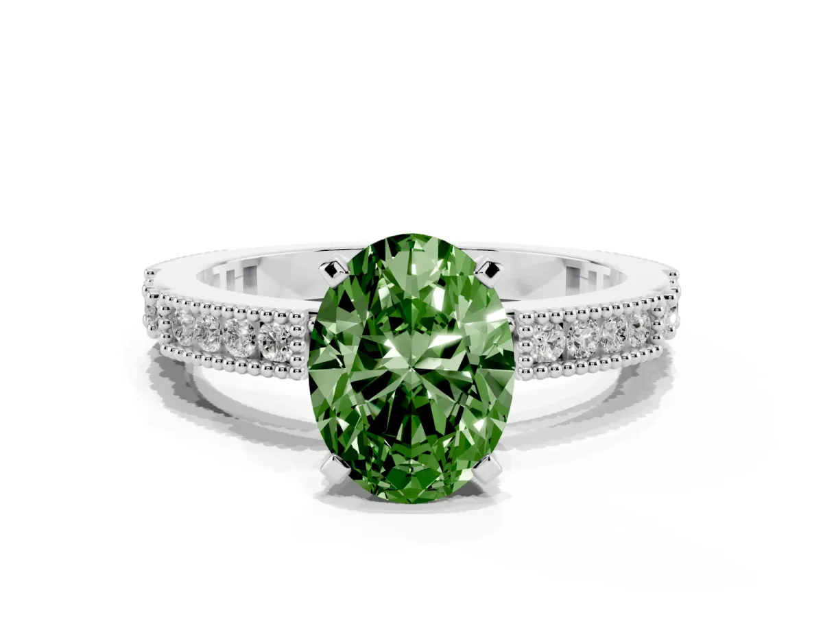 Fancy Green Oval Cut Solitaire with Pavé Band and Four-Prong Setting Silver