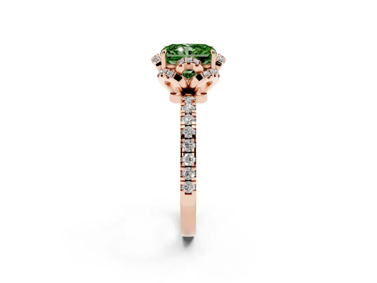 Fancy Green Radiant Cut Diamond Halo Pave Band with Four-Prong Setting Rose gold