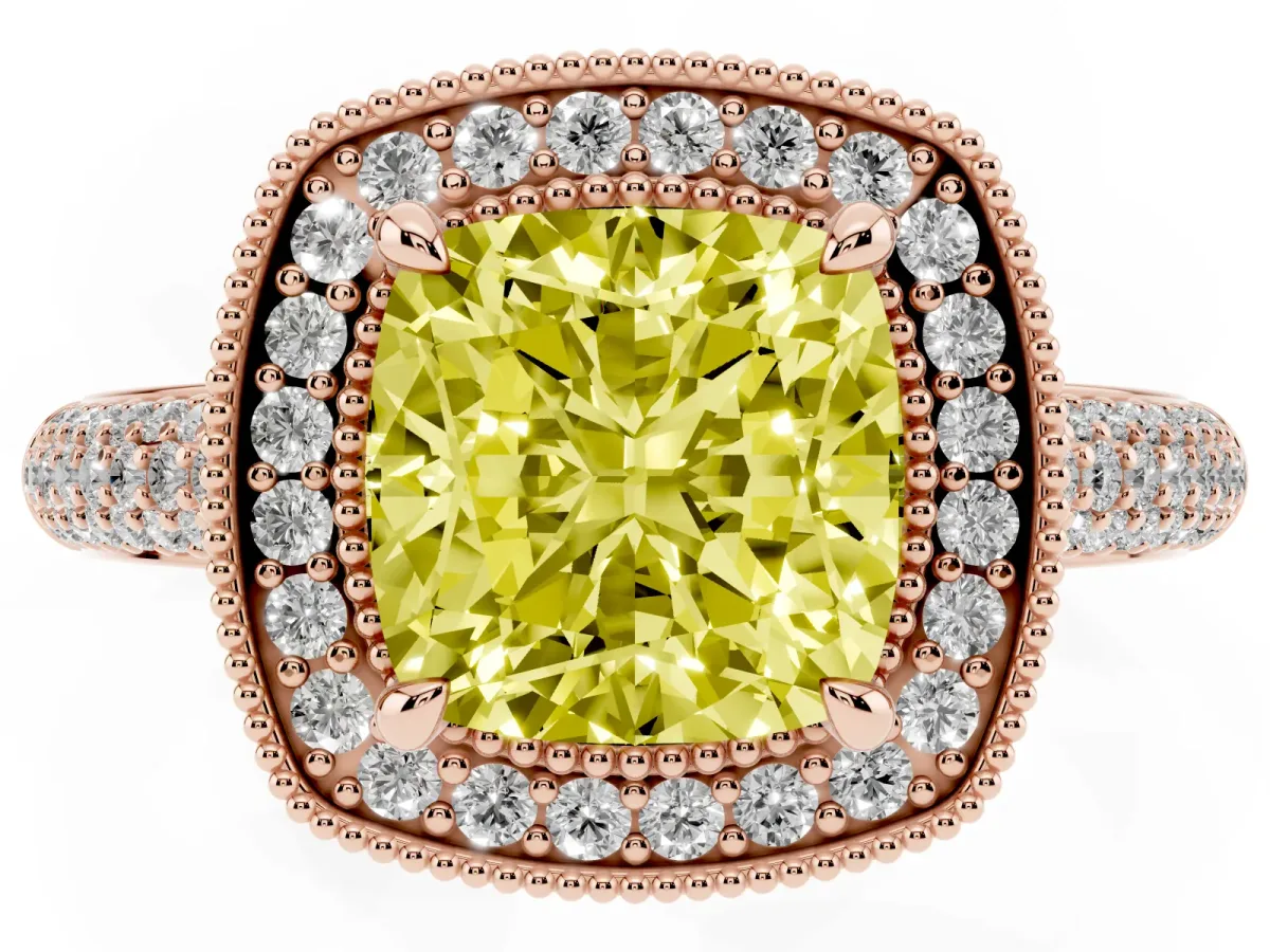 Fancy Yellow Cushion Cut Cut Halo Diamond Pave Band with Four-Prong Setting Rose gold