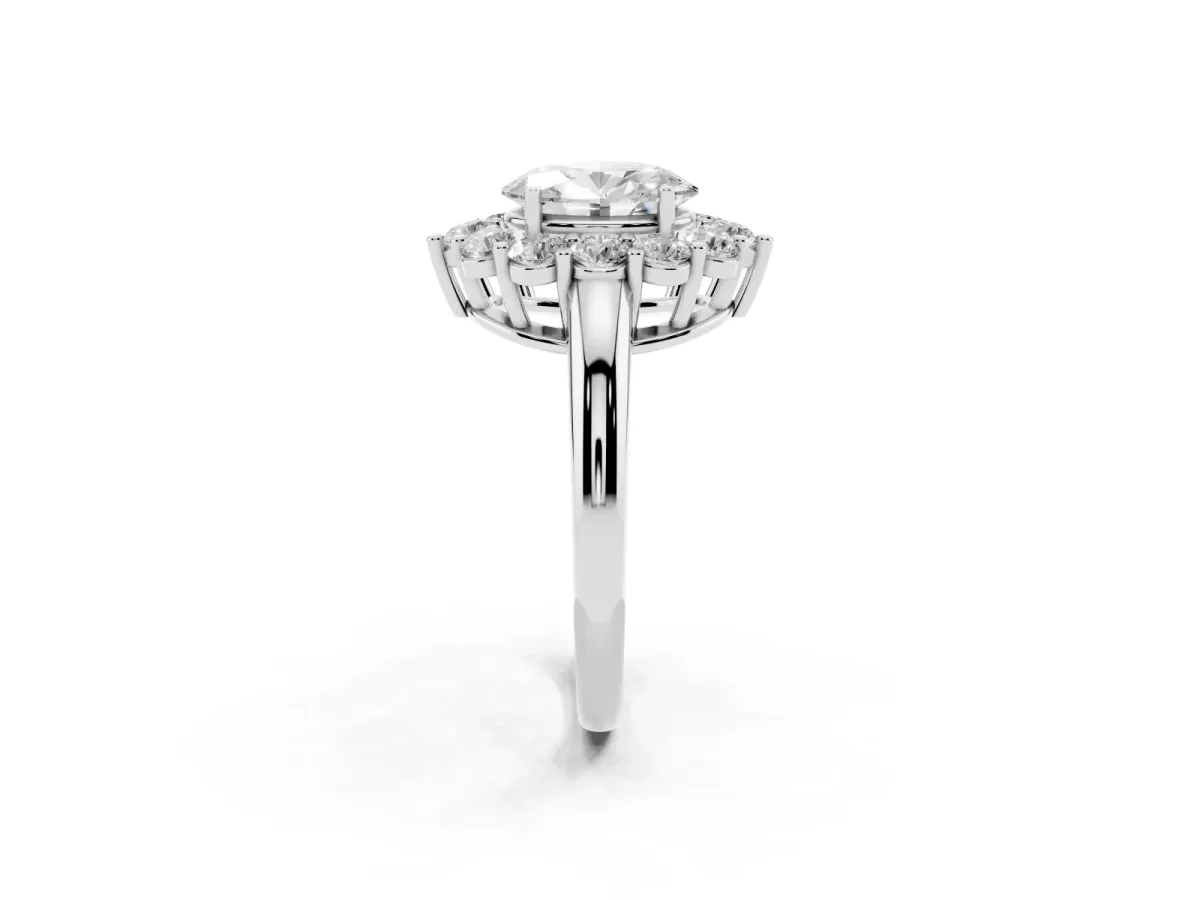Oval Cut Halo Cluster Diamond Engagement Ring with Prong Setting and Polished Band Platinum