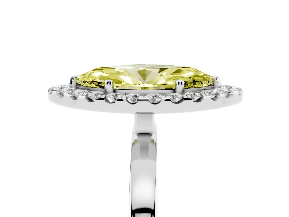Fancy Yellow Marquise Cut Halo Diamond Solitaire with Pavé Band and Four-Prong Setting White gold