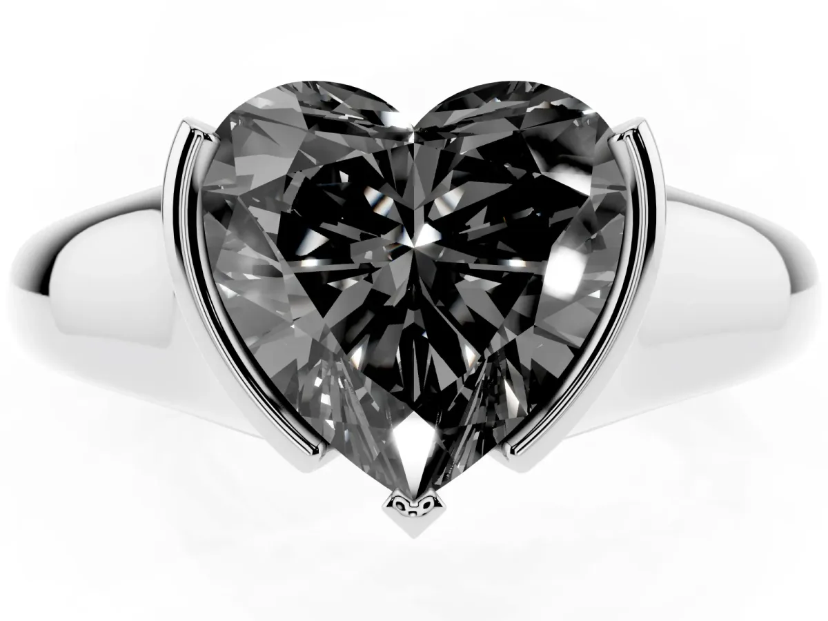 Fancy Black Heart Cut Solitaire Tension Set Diamond Ring with Split Shank Band Silver