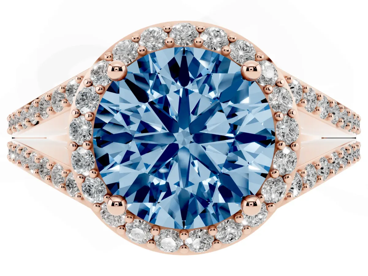 Fancy Blue Round Cut Halo Split Shank Diamond Ring with Prong Setting Rose gold