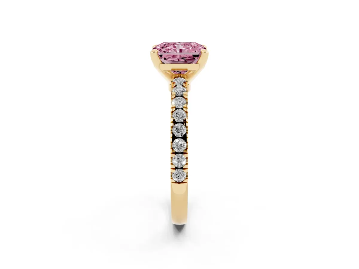 Fancy Pink Radiant Cut Solitaire Diamond with Pavé Band and Four-Prong Setting Yellow gold