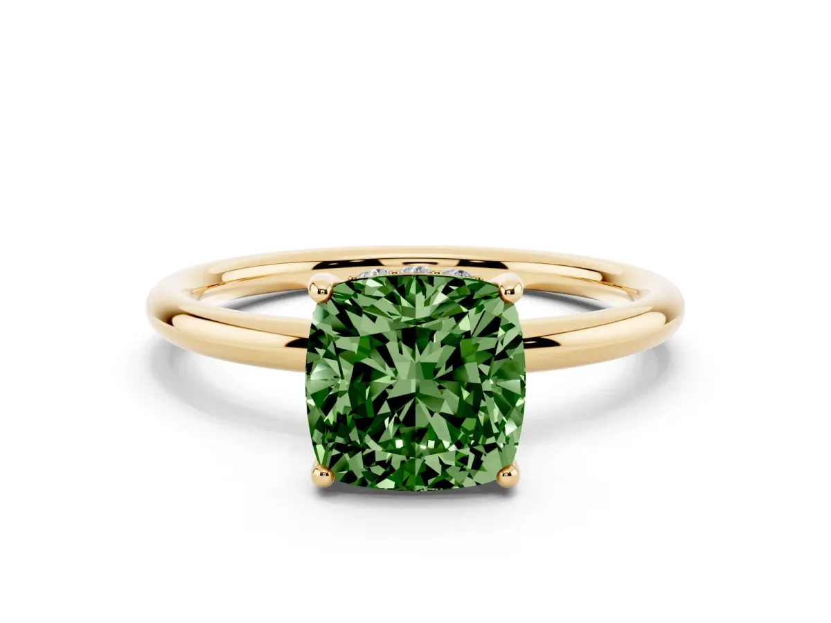 Fancy Green Cushion Cut Solitaire Diamond Ring with a Classic Band and Four-Prong Setting Yellow gold