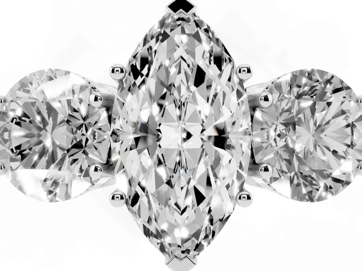 Three-Stone Marquise Cut Diamond Engagement Ring with Prong Setting on a Classic Band Silver