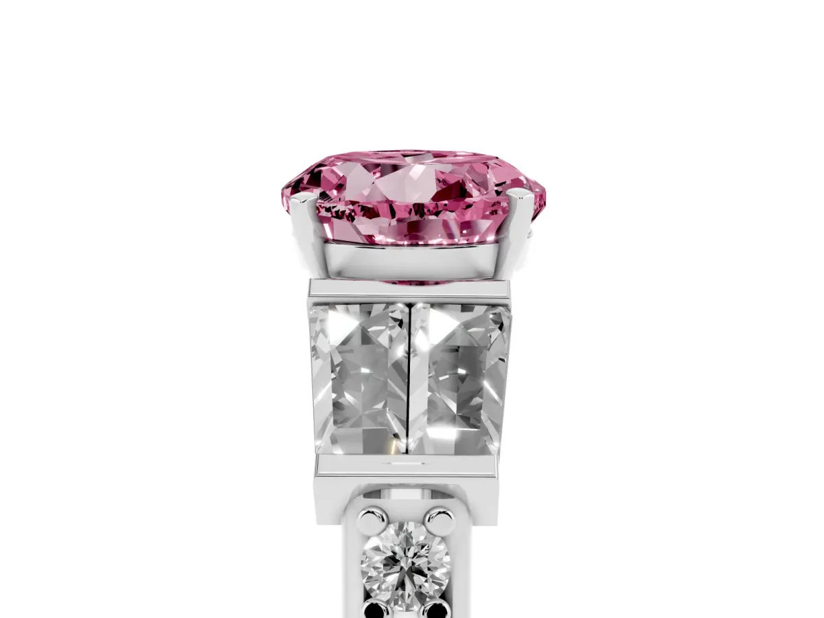 Fancy Pink Round Cut Diamond Engagement Ring with Baguette Side Stones and Channel Set Band Silver