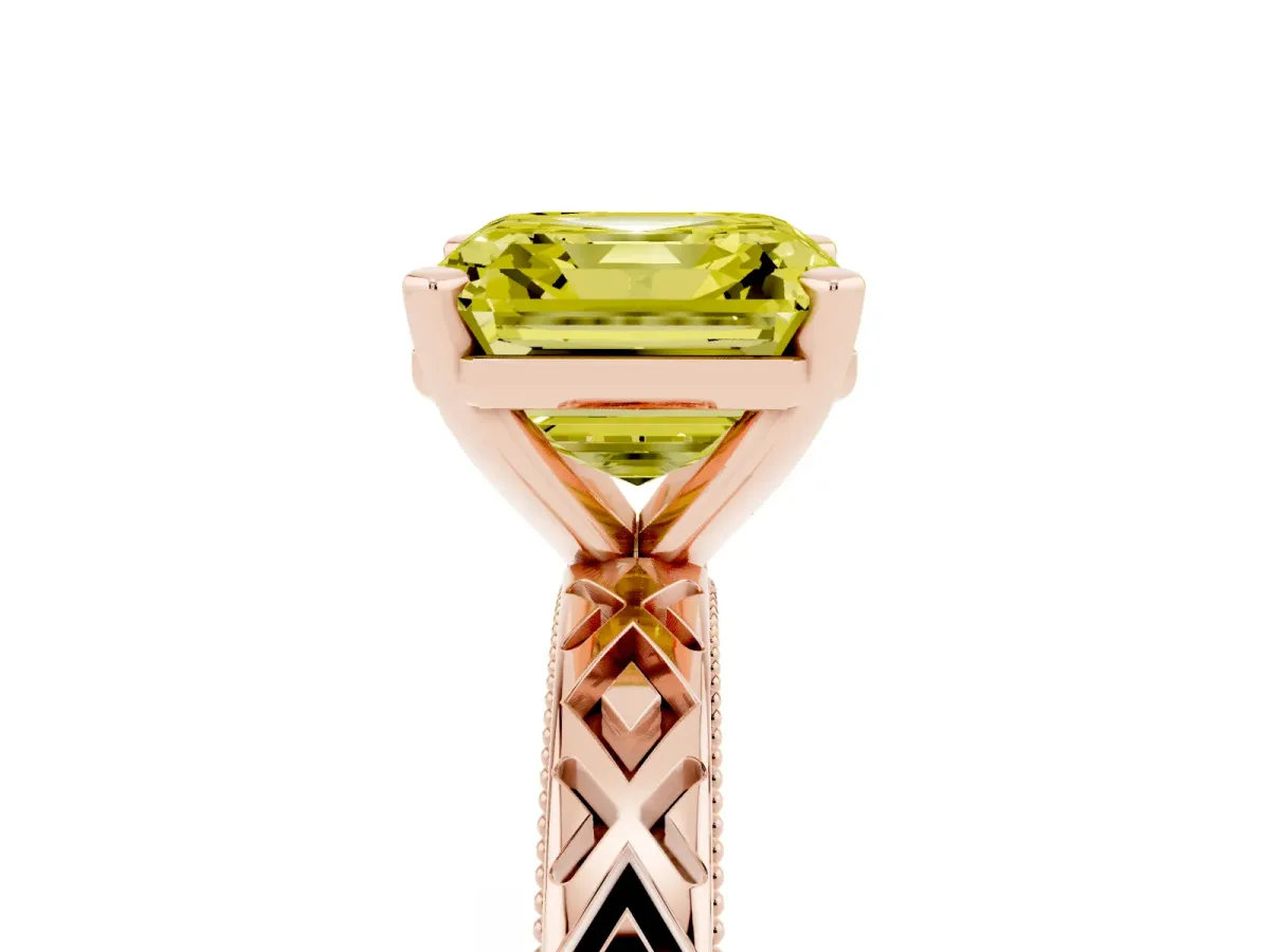 Fancy Yellow Asscher Cut Solitaire Diamond Ring with Milgrain and Black Enamel X Pattern Band Rose gold