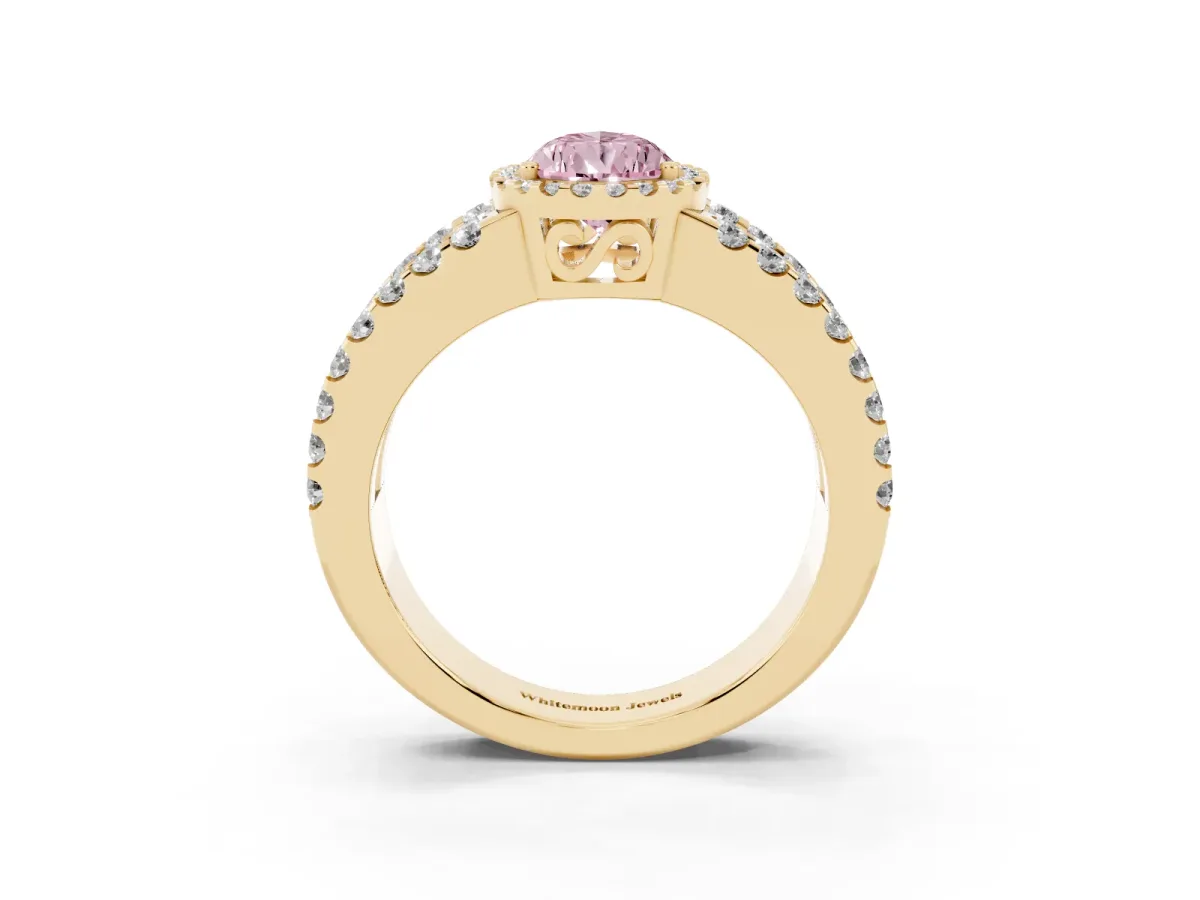 Fancy Pink Pear Cut Cut Halo Split Shank Diamond Ring with Four-Prong Setting Yellow gold