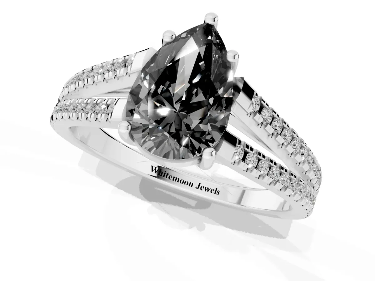 Fancy Black Pear Cut Diamond Solitaire Engagement Ring with Split Shank Pavé Band Platinum