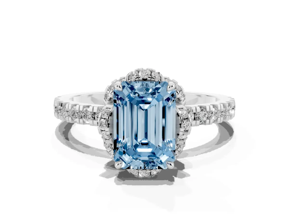 Fancy Blue Emerald Cut Halo Diamond Pave Band Ring with Four-Prong Setting Silver
