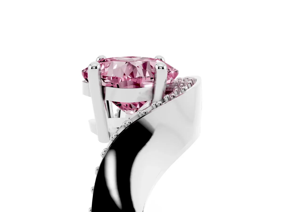 Fancy Pink Cushion Cut Solitaire Diamond Engagement Ring with Pave Band and Four-Prong Setting Silver