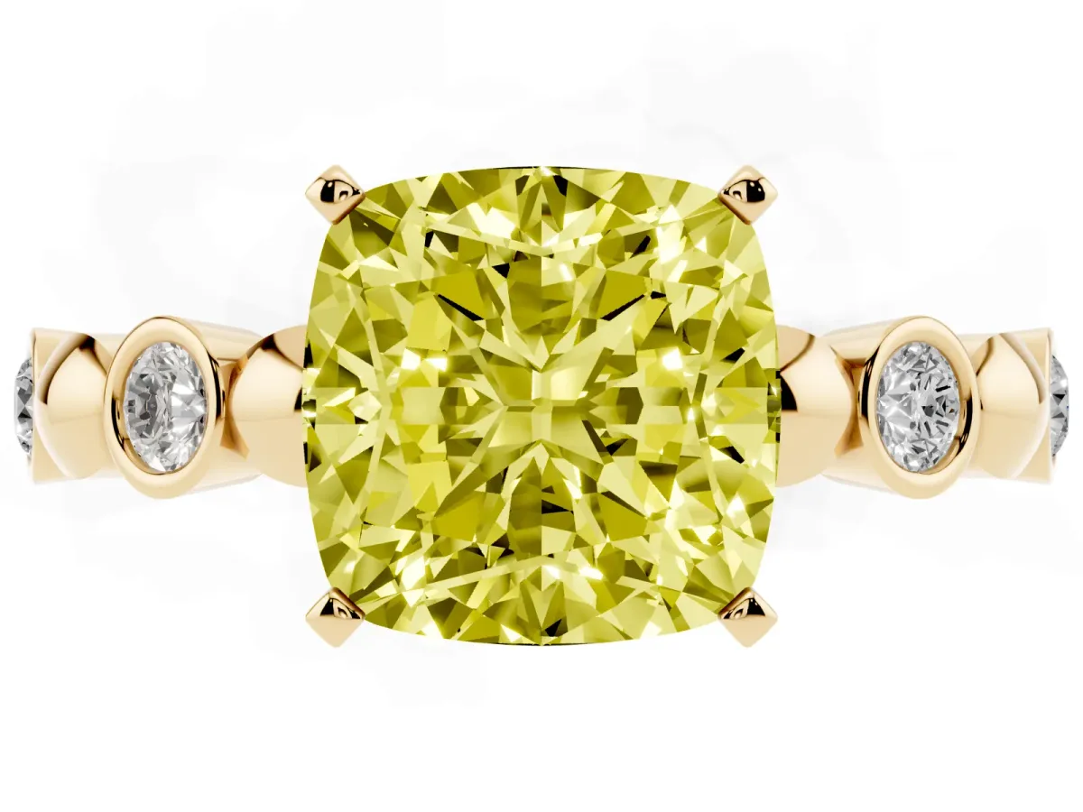 Fancy Yellow Cushion Cut Solitaire Bezel-Set Diamond Ring with Beaded Band and Four-Prong Setting Yellow gold