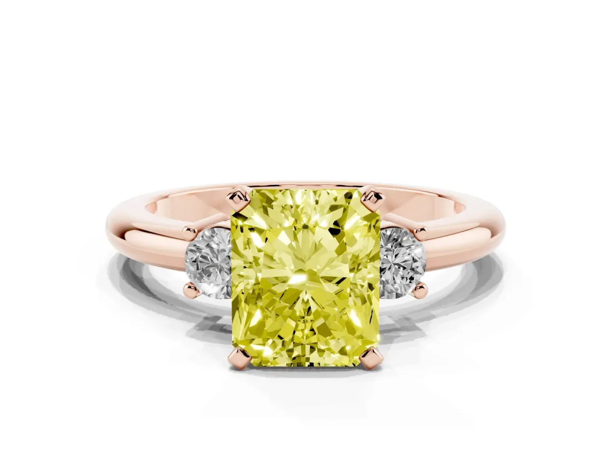 Fancy Yellow Three-Stone Radiant Cut Cut Diamond Solitaire with Prong Setting and Classic Band Rose gold
