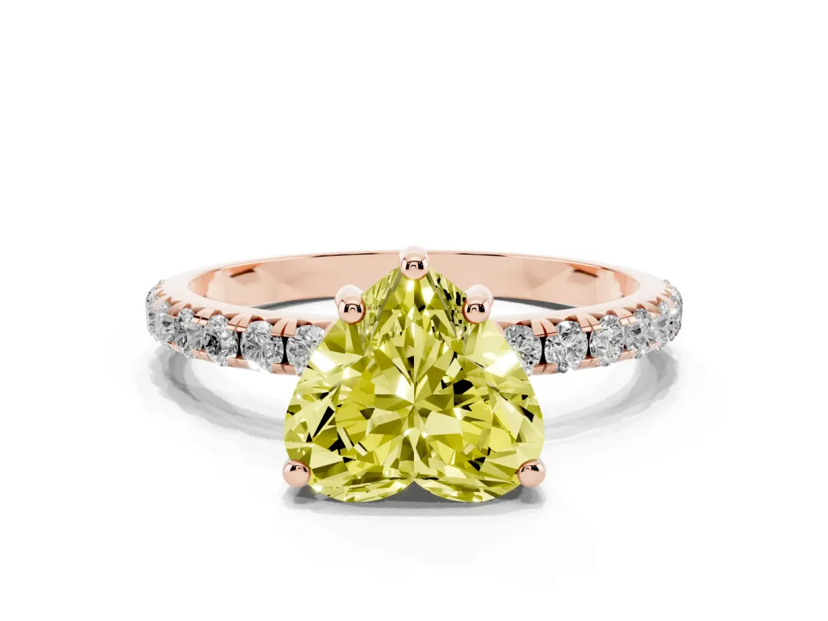 Fancy Yellow Heart Cut Cut Diamond Solitaire Ring with Micro Pave Band and Four Prong Setting Rose gold