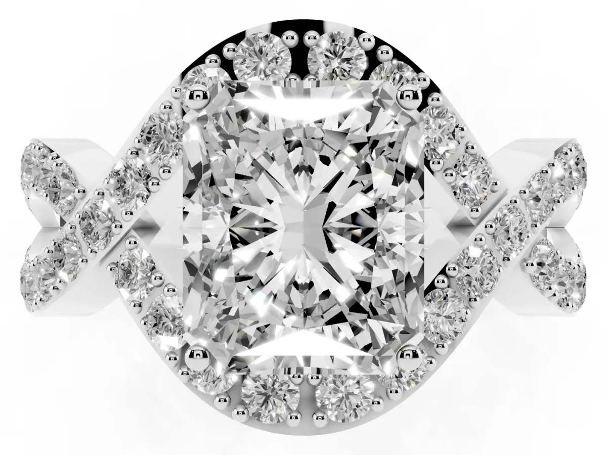 Radiant Cut Solitaire Twist Band Pavé Diamond Engagement Ring Platinum