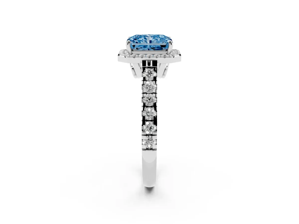 Fancy Blue Radiant Cut Halo Pavé Diamond Engagement Ring with Four-Prong Setting Silver