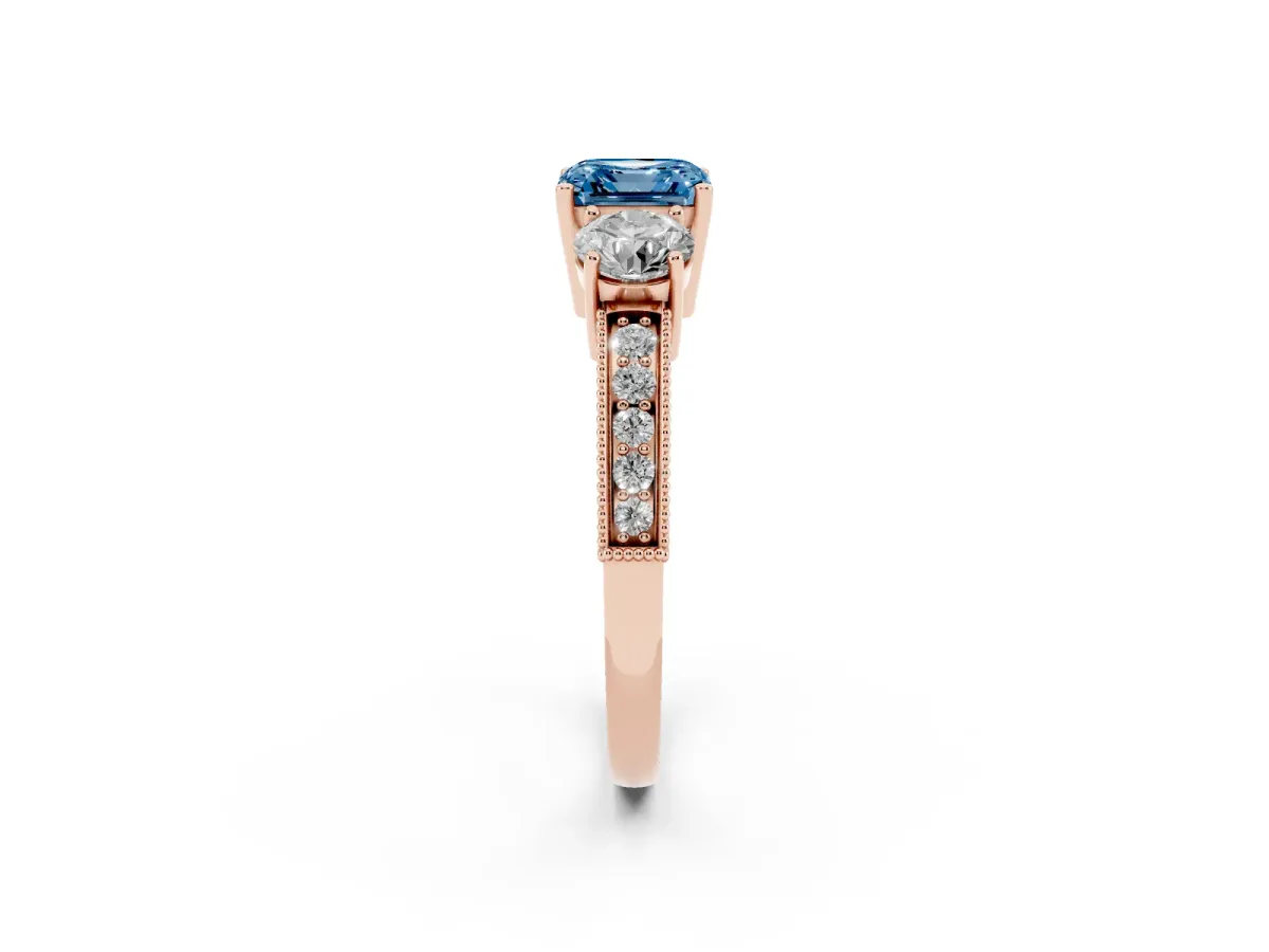 Fancy Blue Asscher Cut Three-Stone Diamond Ring with Pavé Band and Four-Prong Setting Rose gold