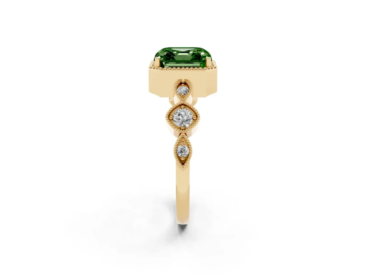 Fancy Green Asscher Cut Diamond Vintage Milgrain Ring with Round Stations Yellow gold
