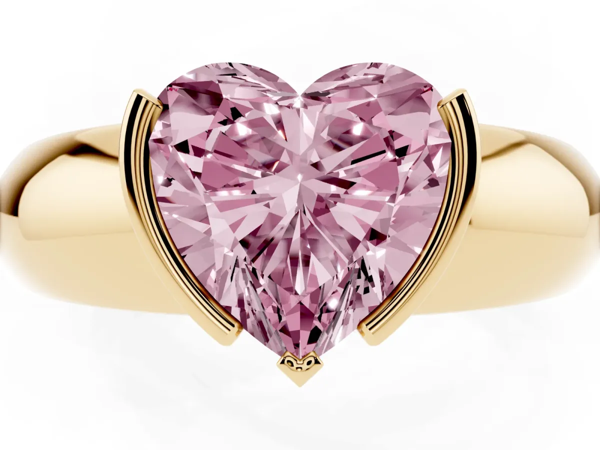 Fancy Pink Heart Cut Solitaire Tension Set Diamond Ring with Wide Band Yellow gold