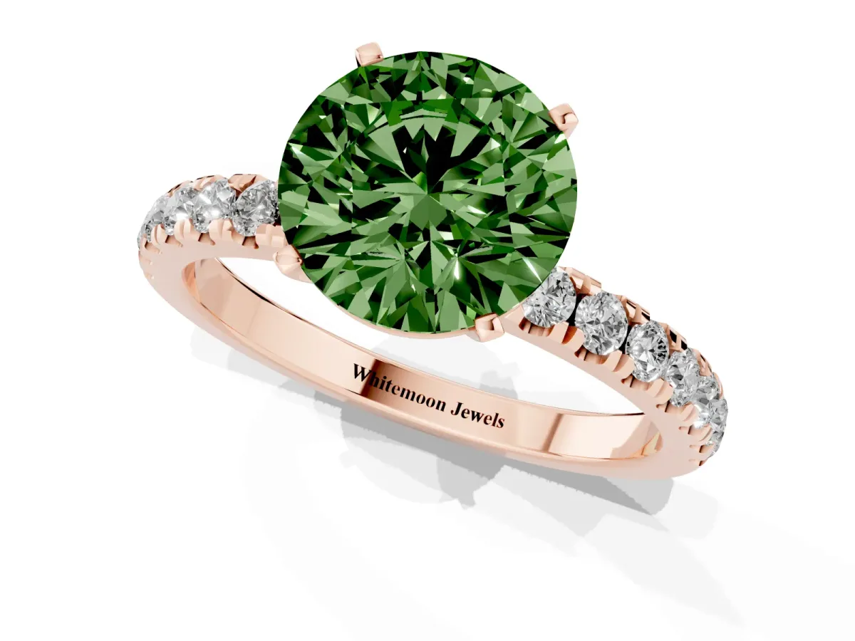 Fancy Green Round Cut Diamond Solitaire Ring with Pavé Accents and Four-Prong Setting Rose gold