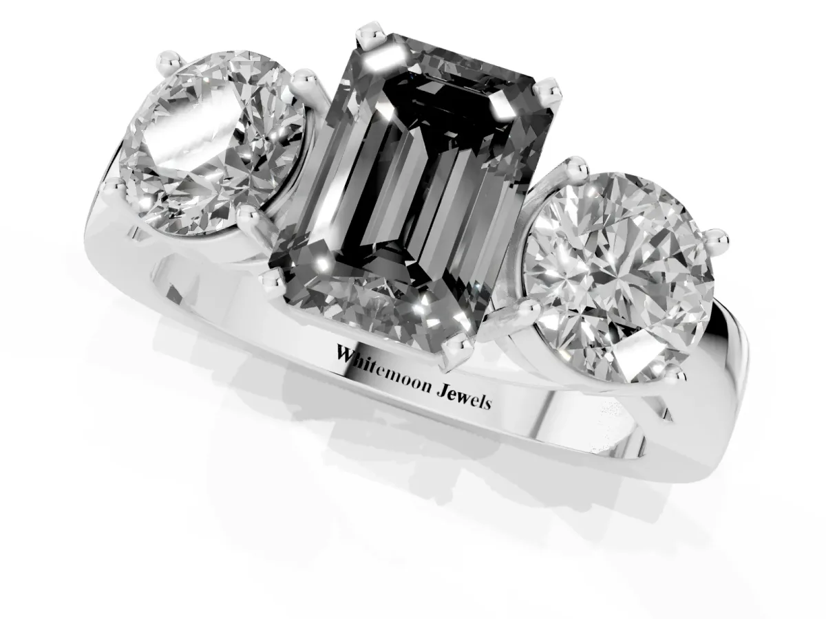 Fancy Black Three-Stone Emerald Cut Diamond Ring with Round Side Stones, Classic Band, and Four-Prong Setting Silver