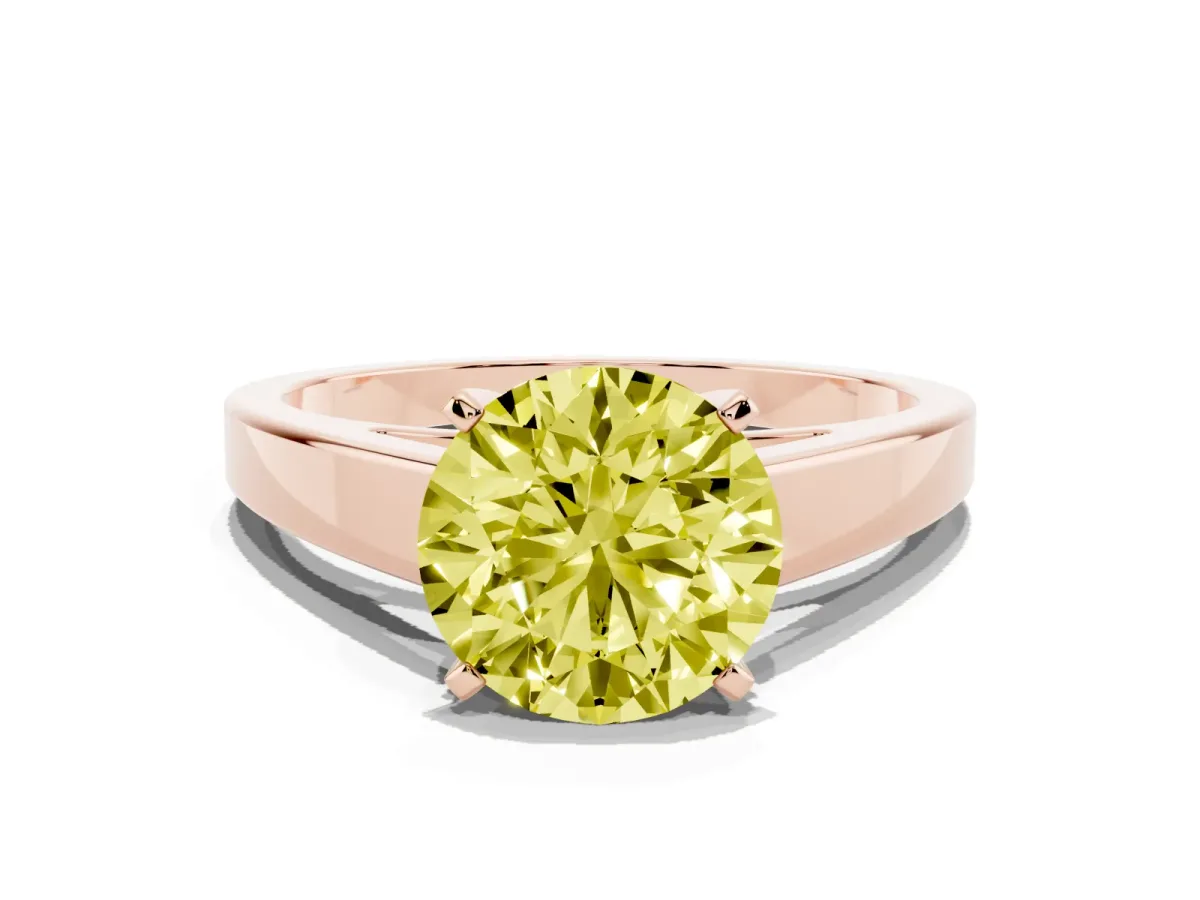 Fancy Yellow Round Cut Solitaire Engagement Ring with Four-Prong Setting and Tapered Band Rose gold