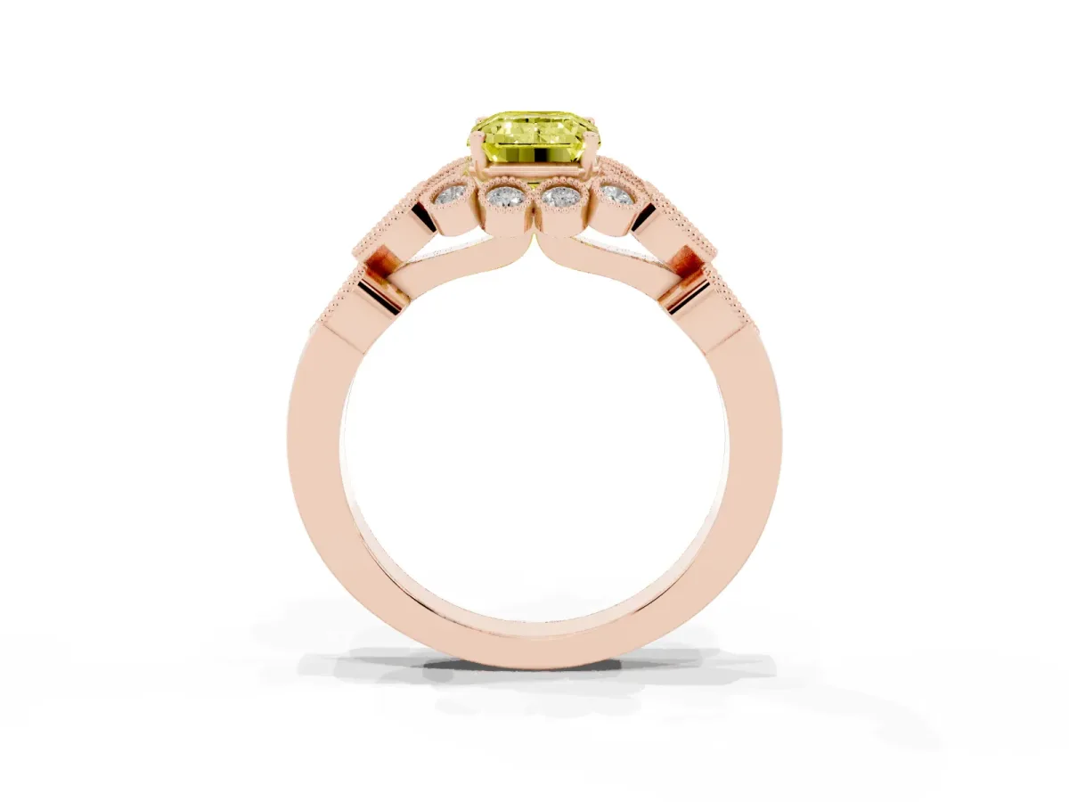 Fancy Yellow Emerald Cut Brilliant Milgrain Pave Heart Band Solitaire Ring Rose gold