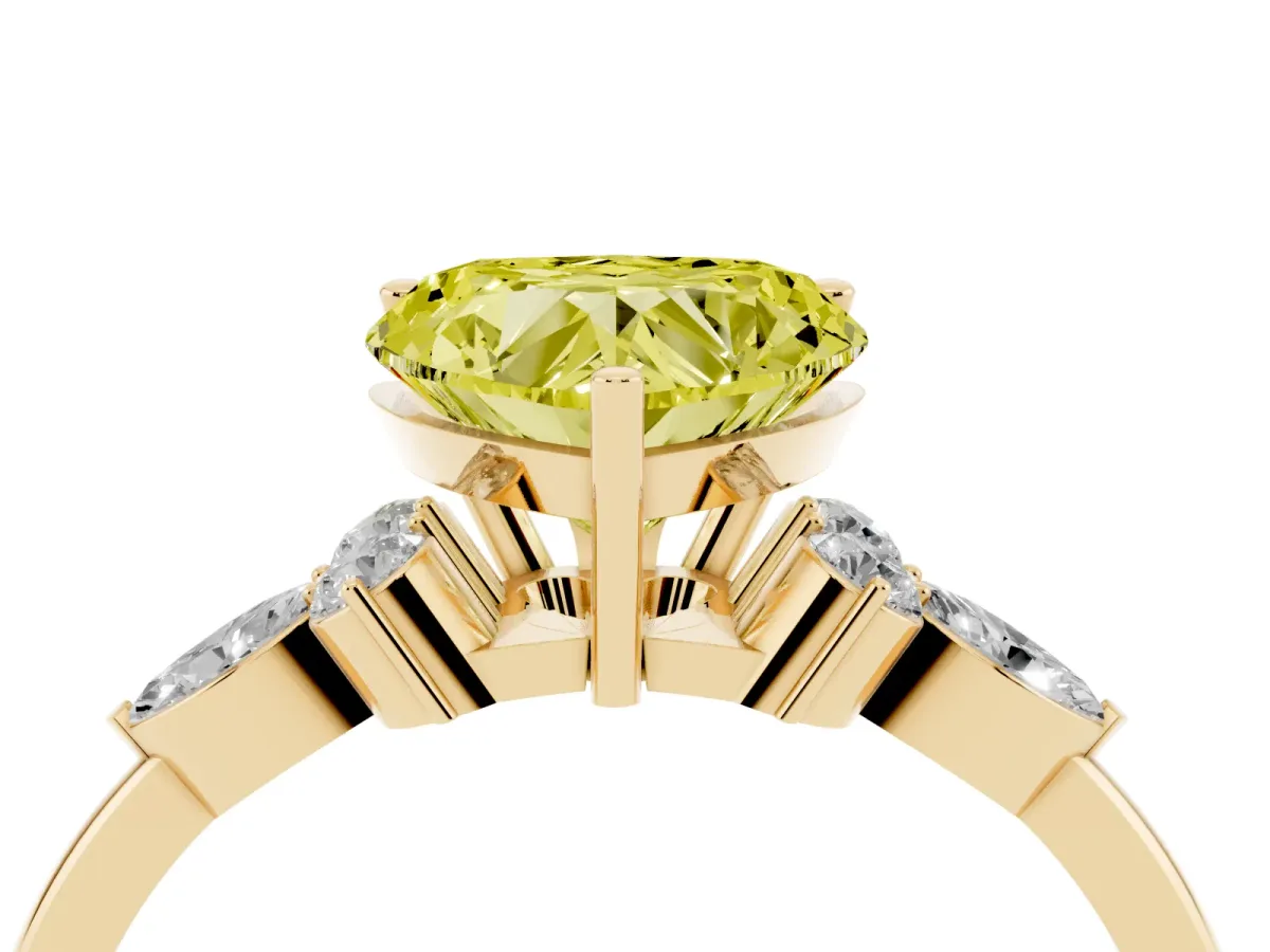 Fancy Yellow Heart Cut Brilliant Diamond Solitaire Ring with Pear Side Stones and Four-Prong Setting Yellow gold