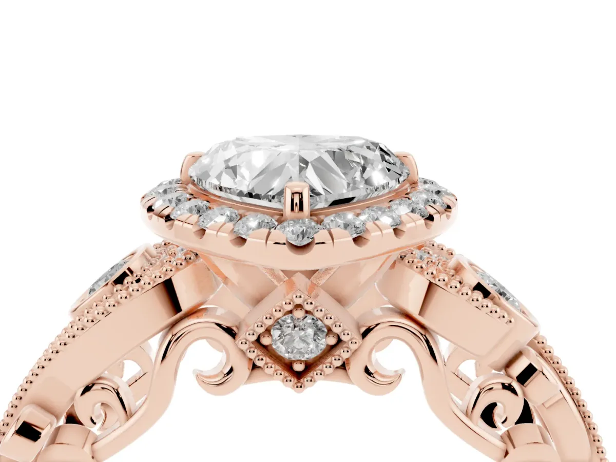 Heart Cut Halo Diamond Ring with Milgrain and Bezel Accents on a Split Shank Band Rose gold