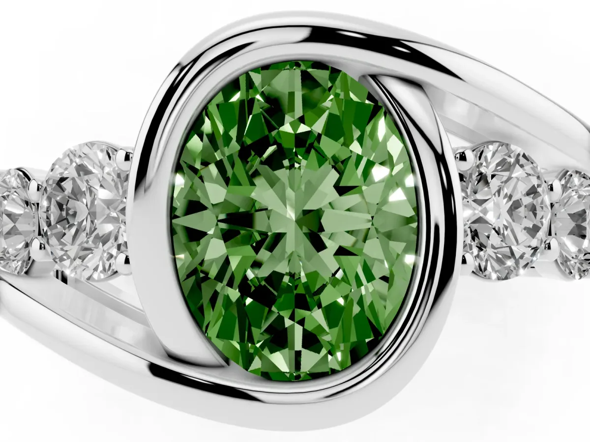 Fancy Green Bezel Set Oval Cut Diamond Bypass Ring with Round Accents Silver