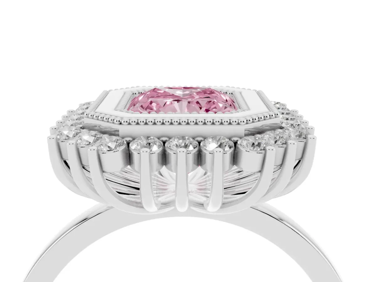 Fancy Pink Radiant Cut Halo Diamond Ring with Milgrain Edge and Round Prong Setting Silver
