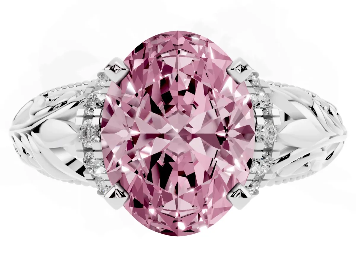 Fancy Pink Oval Cut Solitaire Filigree Engagement Ring with Halo and Prong Setting White gold