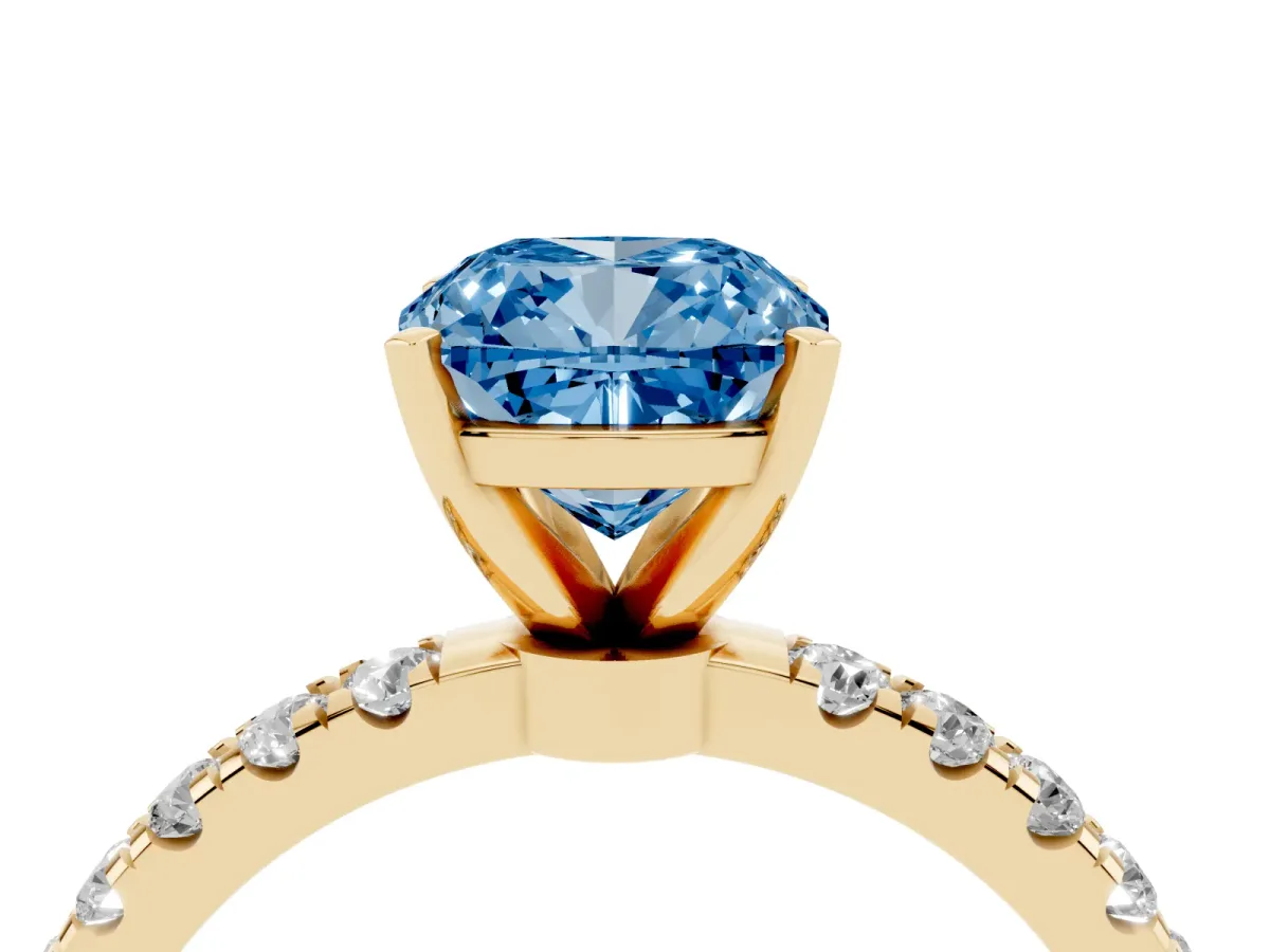 Fancy Blue Cushion Cut Diamond Solitaire Ring with Pavé Accents and Four-Prong Setting Yellow gold