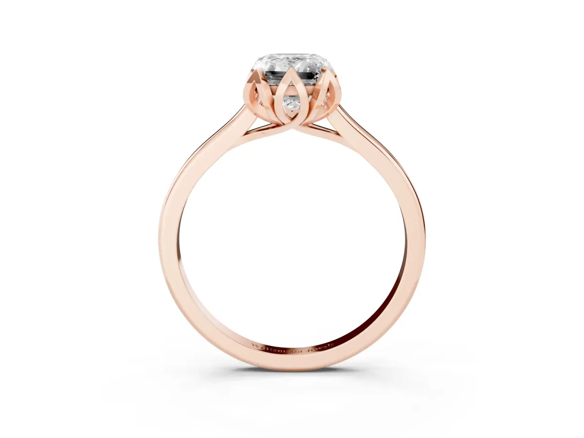 Emerald Cut Diamond Solitaire Ring with Flower Prong Setting and Classic Band Rose gold