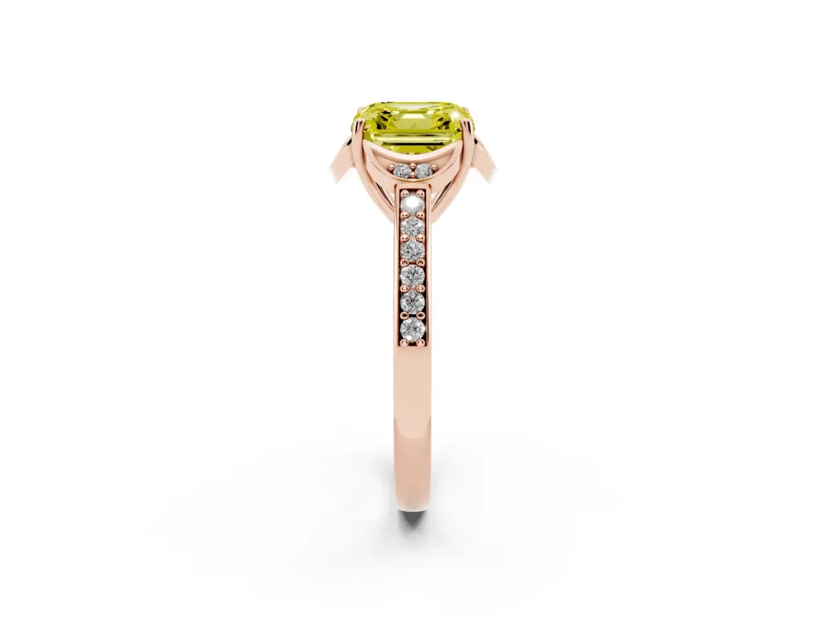 Fancy Yellow Asscher Cut Cut Halo Diamond Ring with Channel Set Band and Four-Prong Setting Rose gold